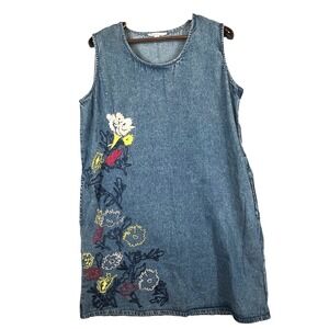 Denim Embroidered Dress Women XL Sleeveless Pockets Blue Boho Floral Cottagecore